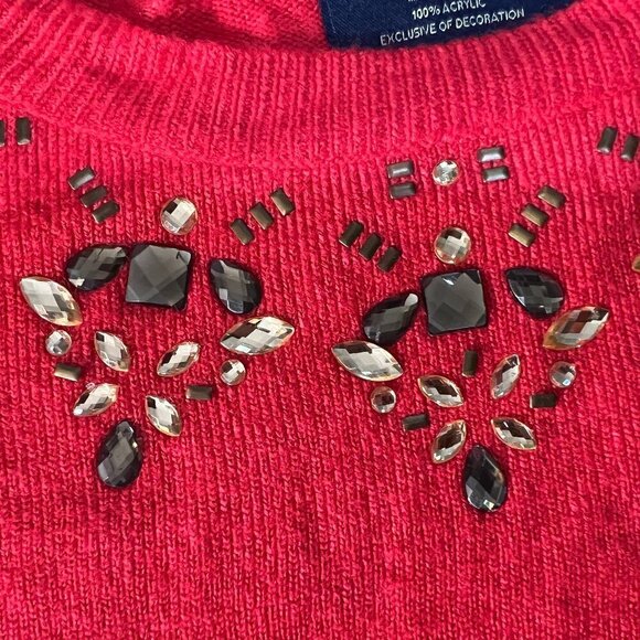 U.S. Polo Assn. Red Long Sleeve Jeweled Gems Neck Embellish Sweater Women's M - Picture 5 of 6